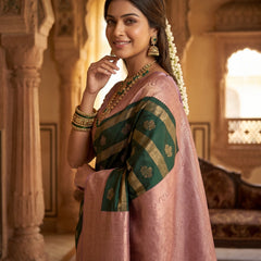 Bottle Green Art Silk Banarasi Saree with Dusty Pink Contrast Border & Blouse Piece