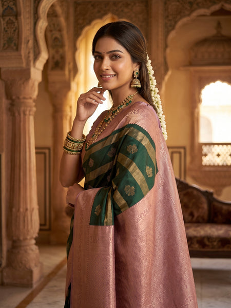 Bottle Green Art Silk Banarasi Saree with Dusty Pink Contrast Border & Blouse Piece