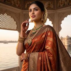 Rust Orange Art Silk Banarasi Saree with Deep Brown Contrast Border & Blouse Piece
