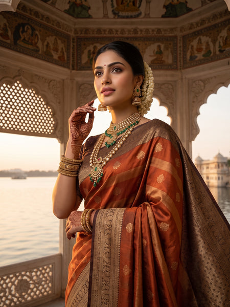 Rust Orange Art Silk Banarasi Saree with Deep Brown Contrast Border & Blouse Piece
