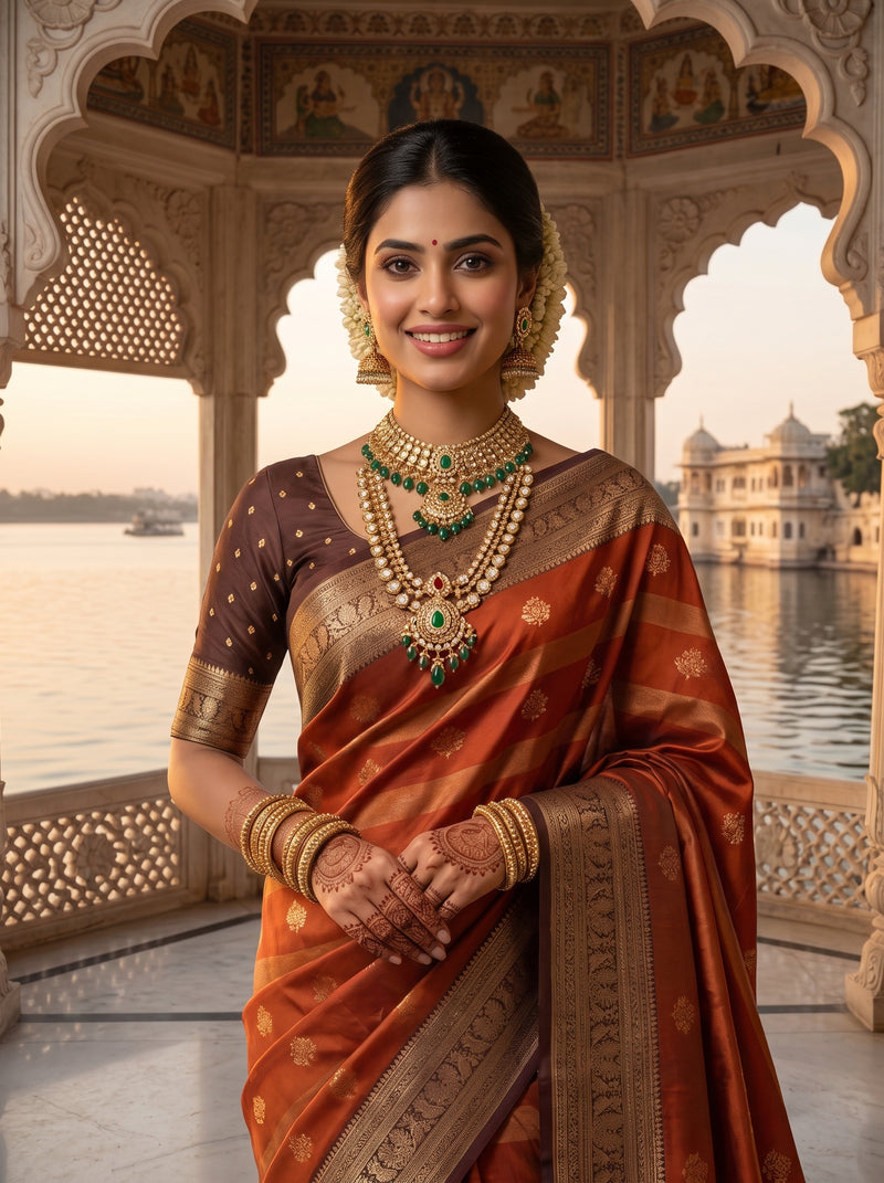 Rust Orange Art Silk Banarasi Saree with Deep Brown Contrast Border & Blouse Piece