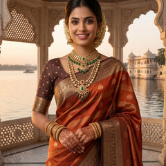 Rust Orange Art Silk Banarasi Saree with Deep Brown Contrast Border & Blouse Piece