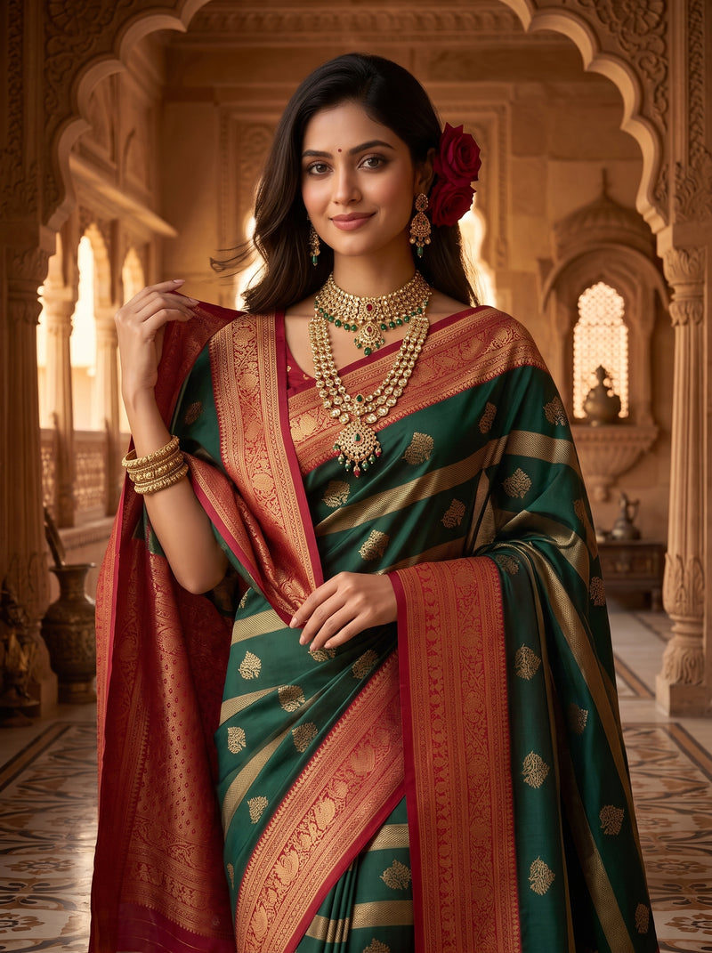 Regal Bottle Green & Crimson Red Striped Banarasi Silk Saree