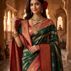 Regal Bottle Green & Crimson Red Striped Banarasi Silk Saree