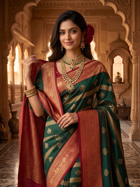 Regal Bottle Green & Crimson Red Striped Banarasi Silk Saree