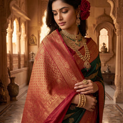 Regal Bottle Green & Crimson Red Striped Banarasi Silk Saree
