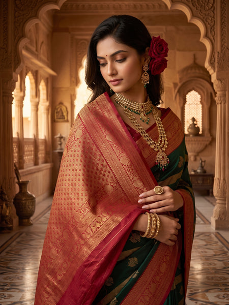 Regal Bottle Green & Crimson Red Striped Banarasi Silk Saree
