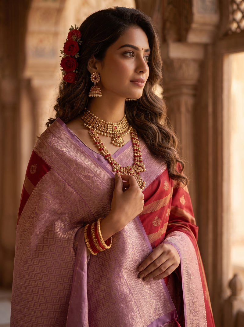 Regal Crimson Red & Dusty Lavender Striped Banarasi Silk Saree
