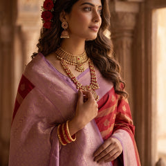 Regal Crimson Red & Dusty Lavender Striped Banarasi Silk Saree