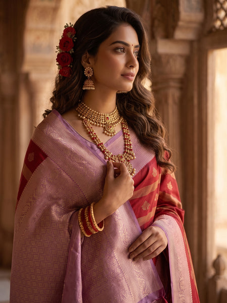 Regal Crimson Red & Dusty Lavender Striped Banarasi Silk Saree