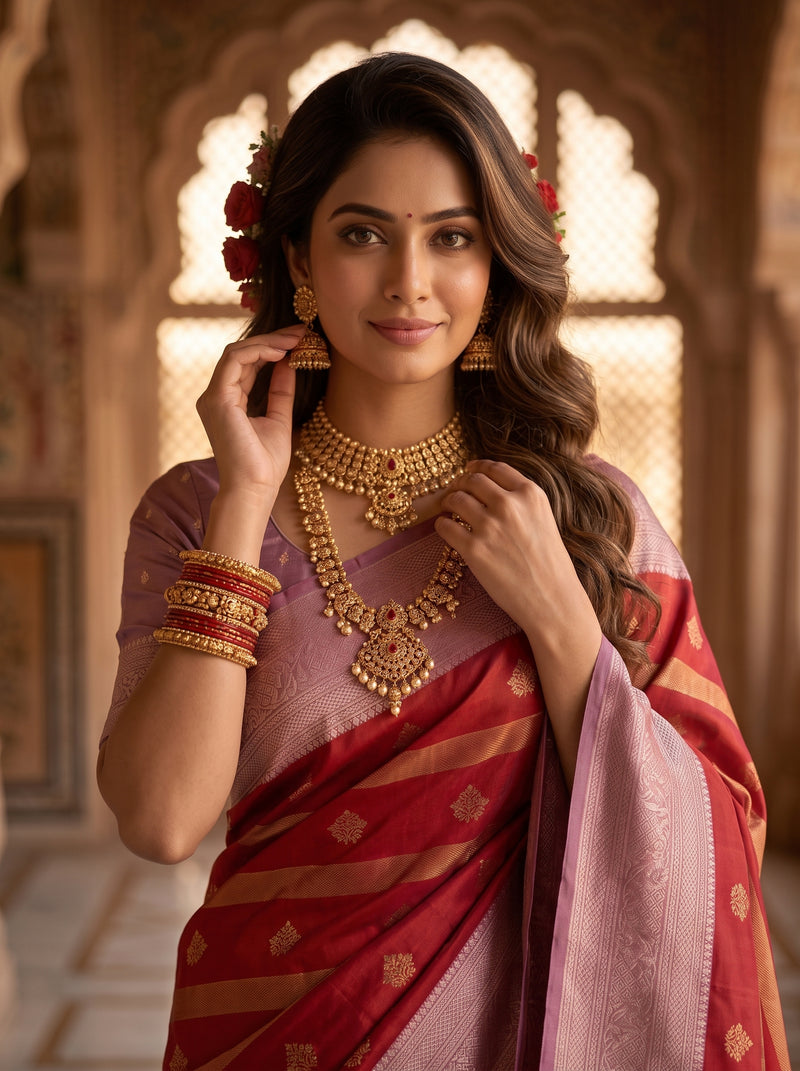 Regal Crimson Red & Dusty Lavender Striped Banarasi Silk Saree