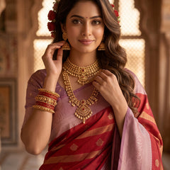 Regal Crimson Red & Dusty Lavender Striped Banarasi Silk Saree