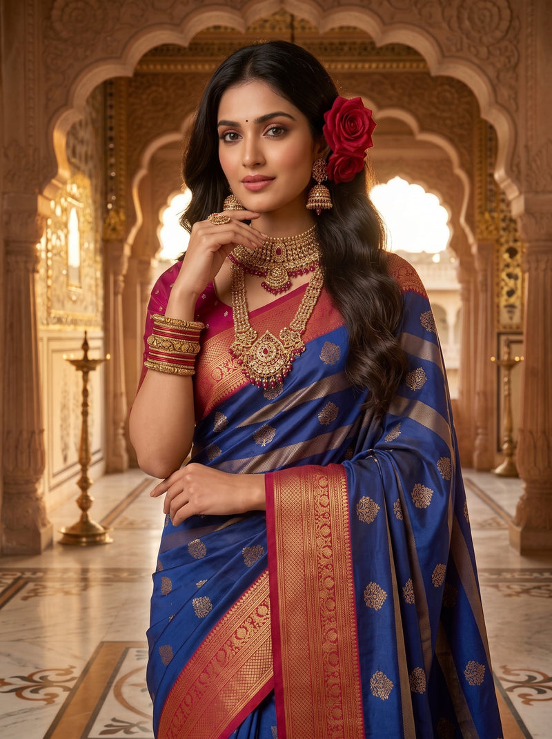 Regal Royal Blue & Rani Pink Striped Banarasi Silk Saree