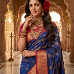 Regal Royal Blue & Rani Pink Striped Banarasi Silk Saree