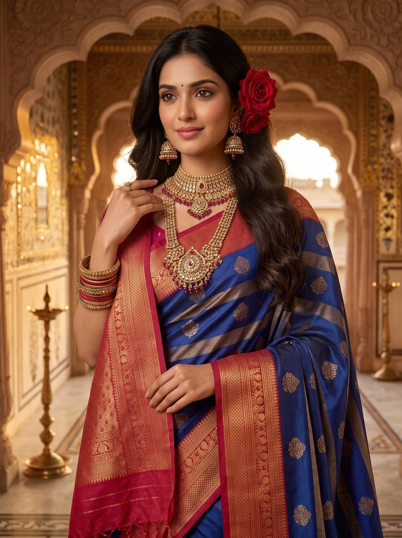 Regal Royal Blue & Rani Pink Striped Banarasi Silk Saree