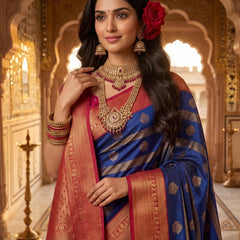 Regal Royal Blue & Rani Pink Striped Banarasi Silk Saree