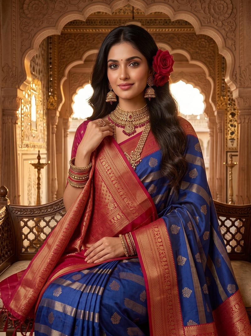 Regal Royal Blue & Rani Pink Striped Banarasi Silk Saree