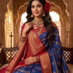 Regal Royal Blue & Rani Pink Striped Banarasi Silk Saree