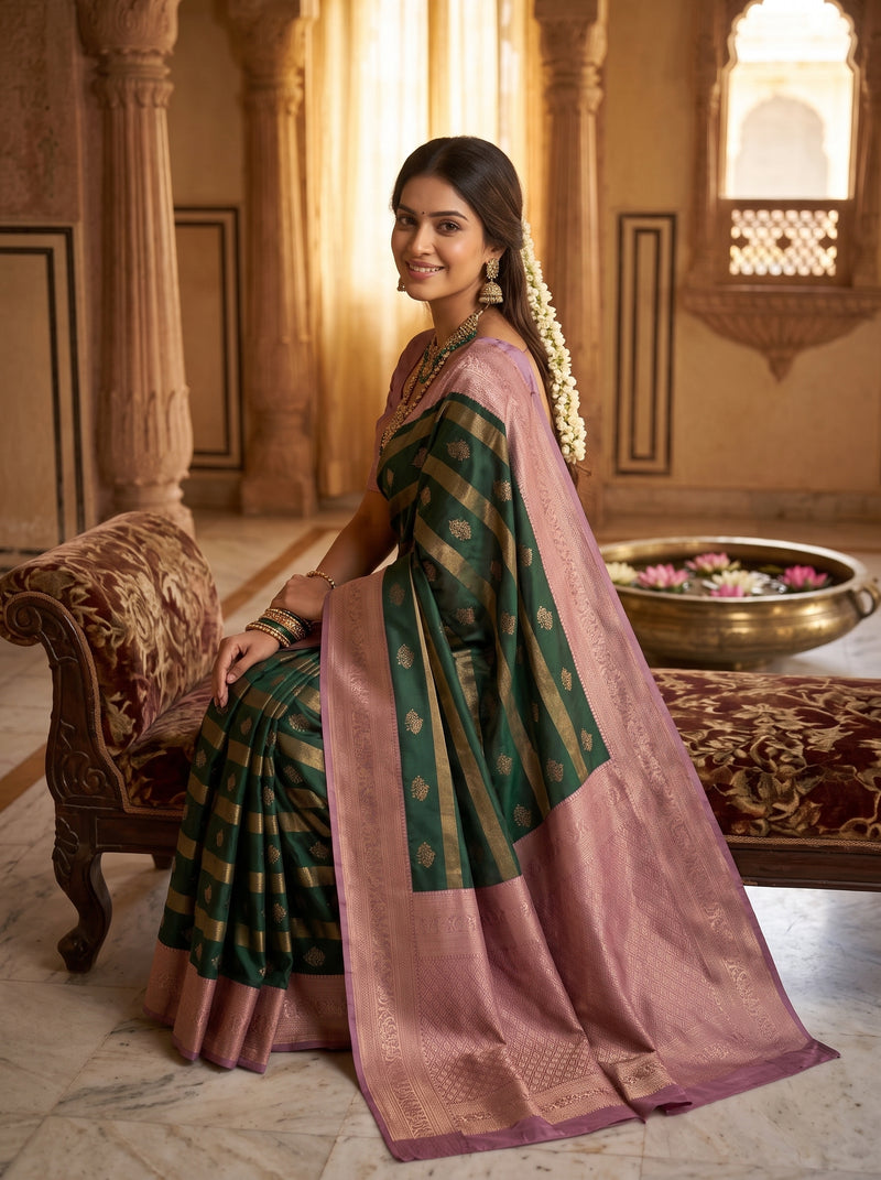 Bottle Green Art Silk Banarasi Saree with Dusty Pink Contrast Border & Blouse Piece