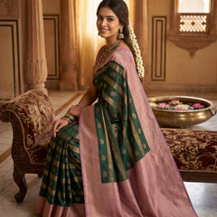 Bottle Green Art Silk Banarasi Saree with Dusty Pink Contrast Border & Blouse Piece