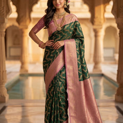 Bottle Green Art Silk Banarasi Saree with Dusty Pink Contrast Border & Blouse Piece