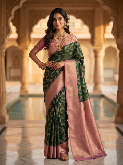 Bottle Green Art Silk Banarasi Saree with Dusty Pink Contrast Border & Blouse Piece
