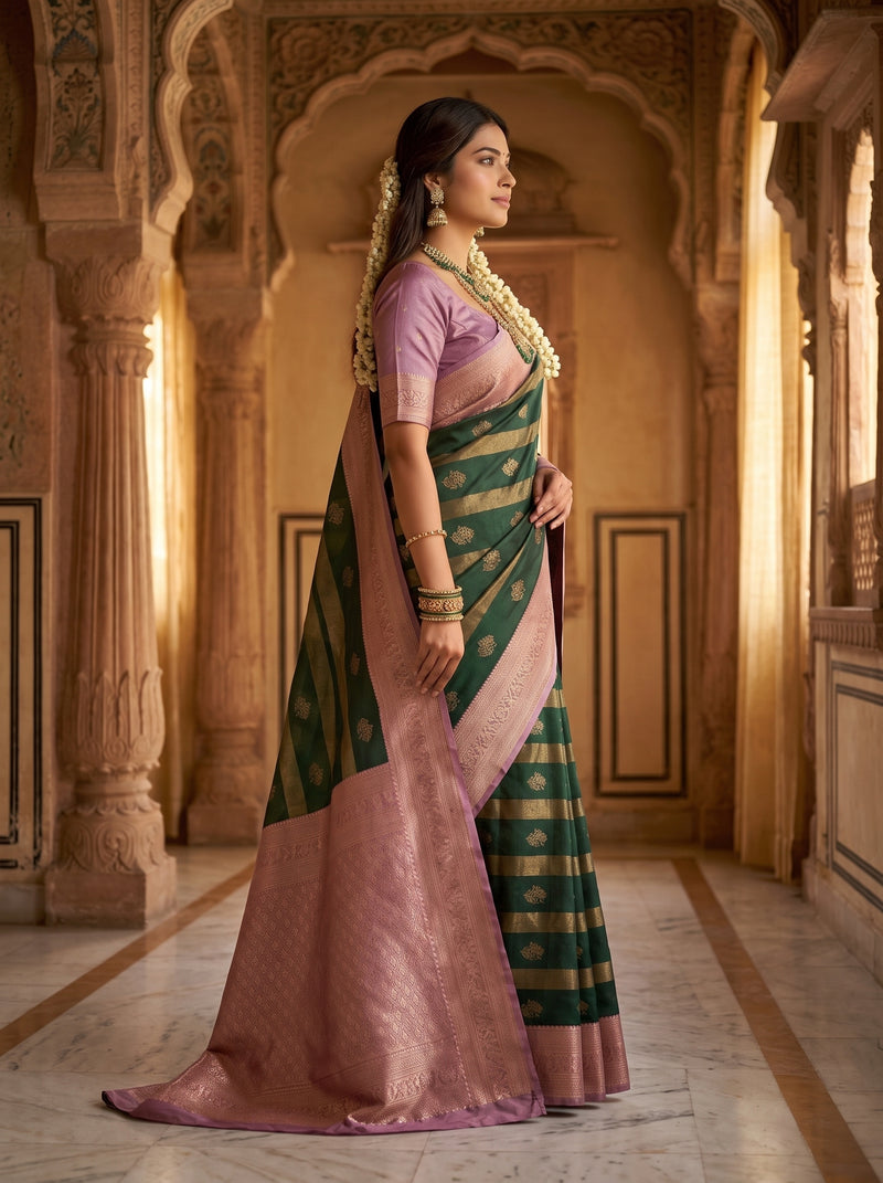 Bottle Green Art Silk Banarasi Saree with Dusty Pink Contrast Border & Blouse Piece