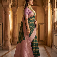 Bottle Green Art Silk Banarasi Saree with Dusty Pink Contrast Border & Blouse Piece