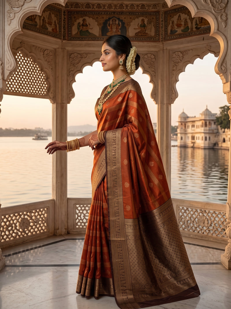 Rust Orange Art Silk Banarasi Saree with Deep Brown Contrast Border & Blouse Piece