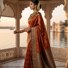 Rust Orange Art Silk Banarasi Saree with Deep Brown Contrast Border & Blouse Piece