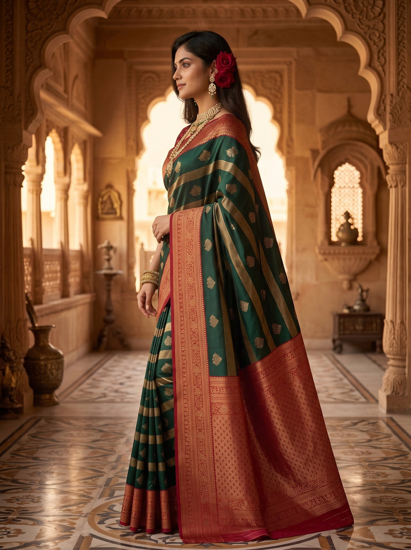 Regal Bottle Green & Crimson Red Striped Banarasi Silk Saree