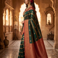 Regal Bottle Green & Crimson Red Striped Banarasi Silk Saree