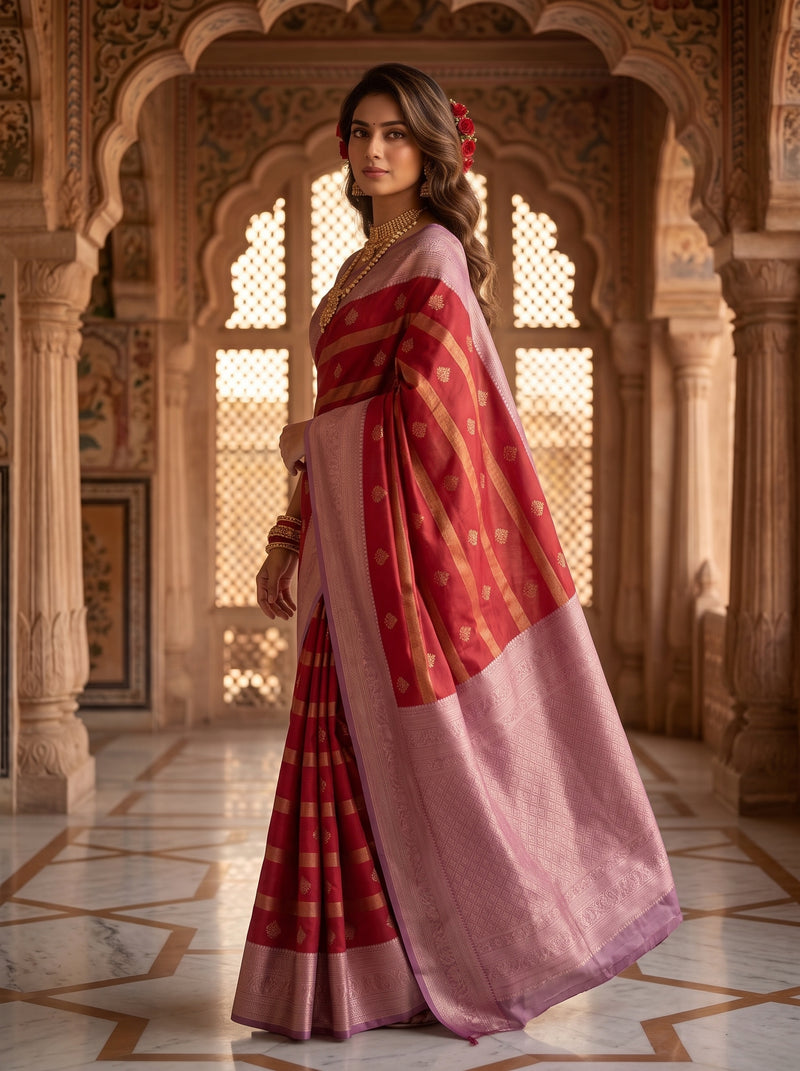 Regal Crimson Red & Dusty Lavender Striped Banarasi Silk Saree