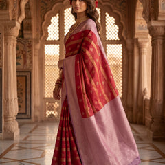Regal Crimson Red & Dusty Lavender Striped Banarasi Silk Saree