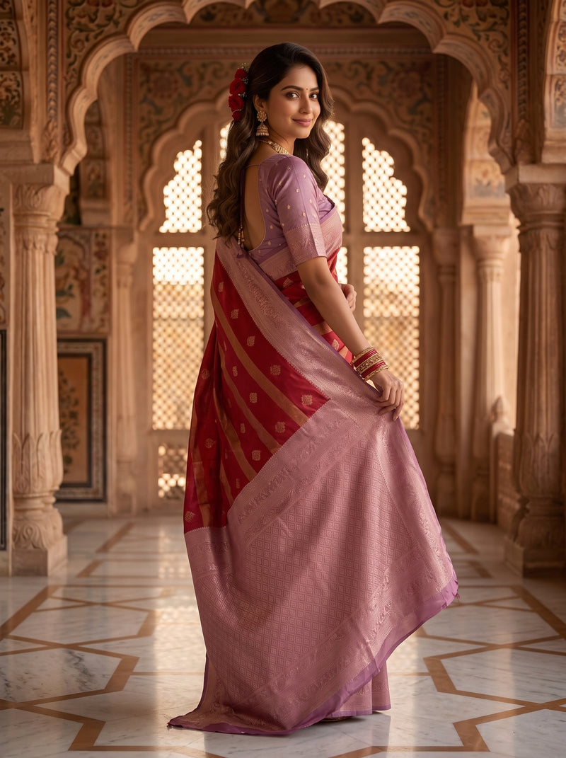 Regal Crimson Red & Dusty Lavender Striped Banarasi Silk Saree