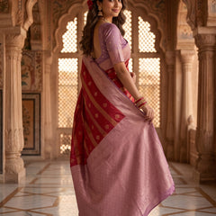 Regal Crimson Red & Dusty Lavender Striped Banarasi Silk Saree