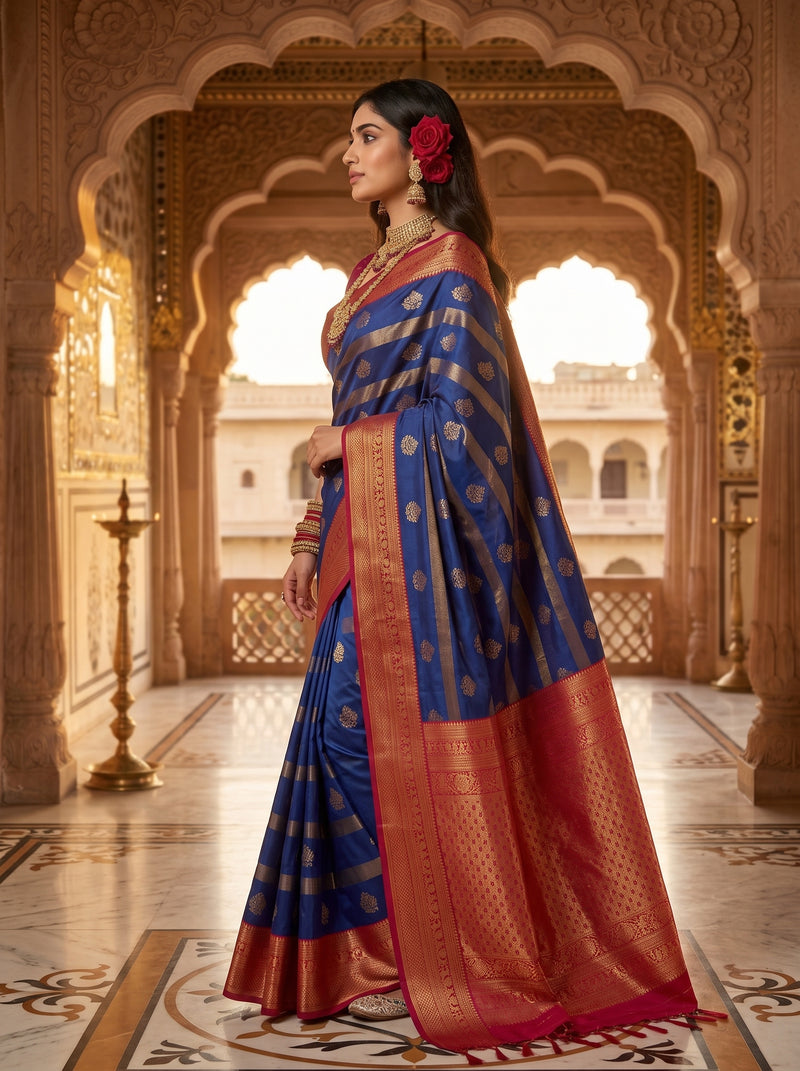 Regal Royal Blue & Rani Pink Striped Banarasi Silk Saree