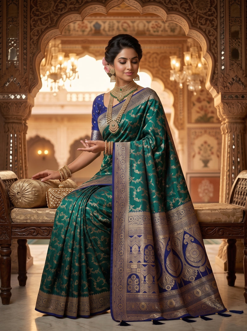 Royal Emerald Green Art Silk Banarasi Saree with Sapphire Blue Contrast Border & Pallu