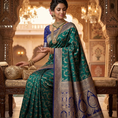 Royal Emerald Green Art Silk Banarasi Saree with Sapphire Blue Contrast Border & Pallu