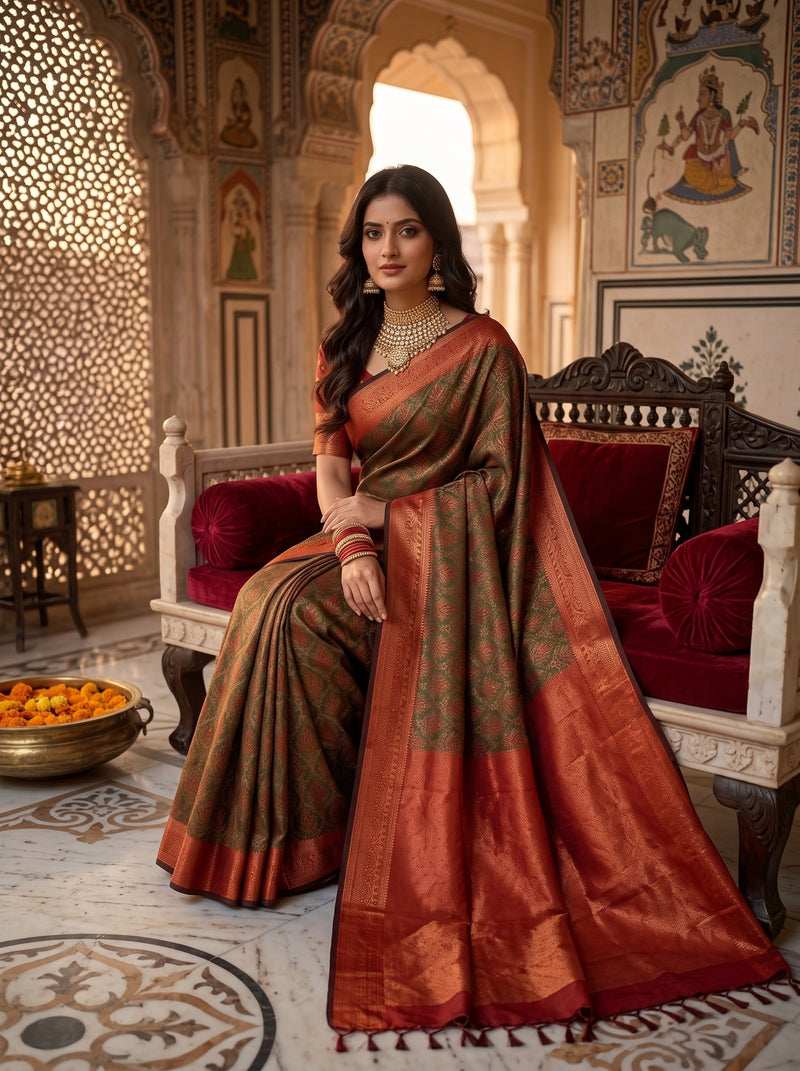 Olive Green & Rust Orange Jacquard Woven Saree with Rich Zari Border & Pallu