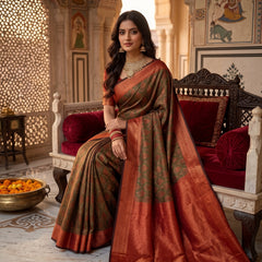 Olive Green & Rust Orange Jacquard Woven Saree with Rich Zari Border & Pallu