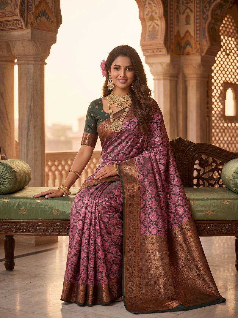 Magenta & Green Jacquard Woven Saree with Rich Copper Zari Border & Pallu