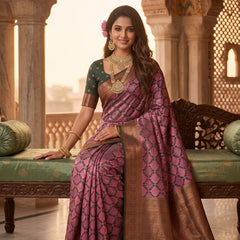Magenta & Green Jacquard Woven Saree with Rich Copper Zari Border & Pallu