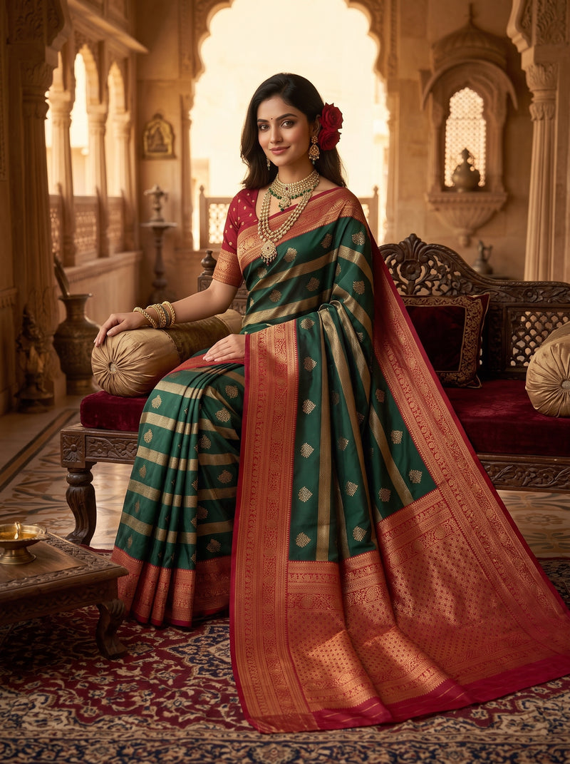 Regal Bottle Green & Crimson Red Striped Banarasi Silk Saree