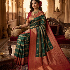Regal Bottle Green & Crimson Red Striped Banarasi Silk Saree