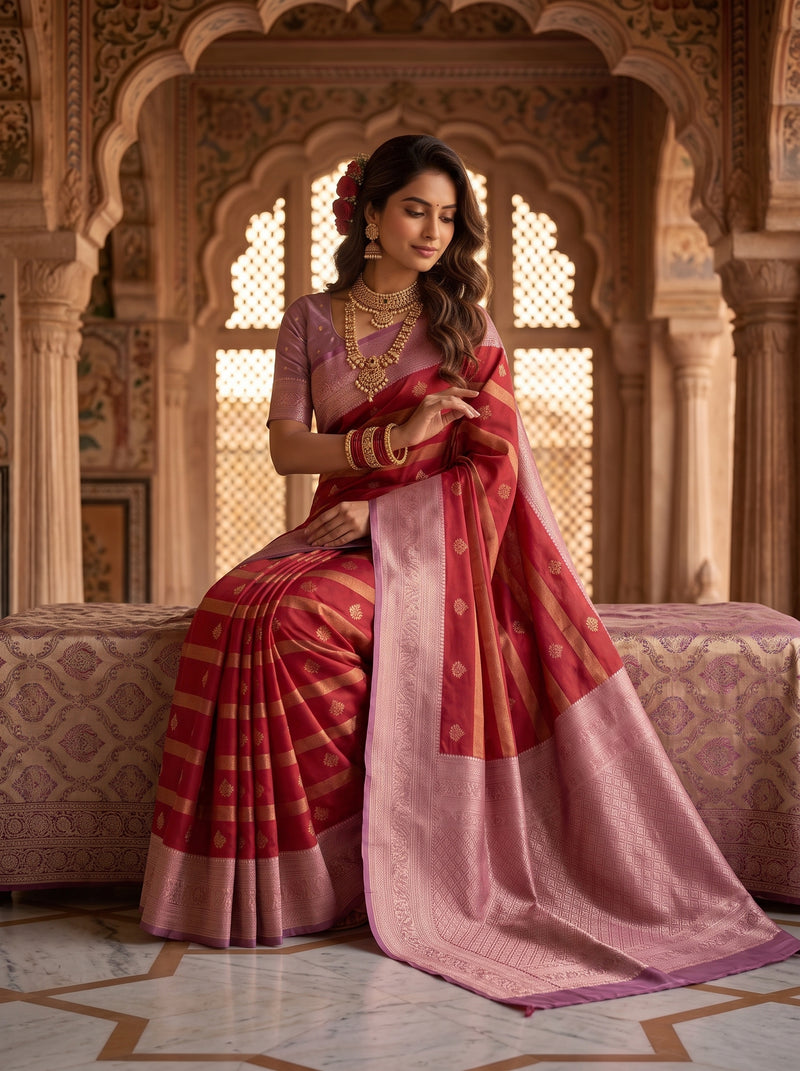 Regal Crimson Red & Dusty Lavender Striped Banarasi Silk Saree