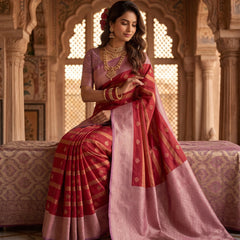 Regal Crimson Red & Dusty Lavender Striped Banarasi Silk Saree