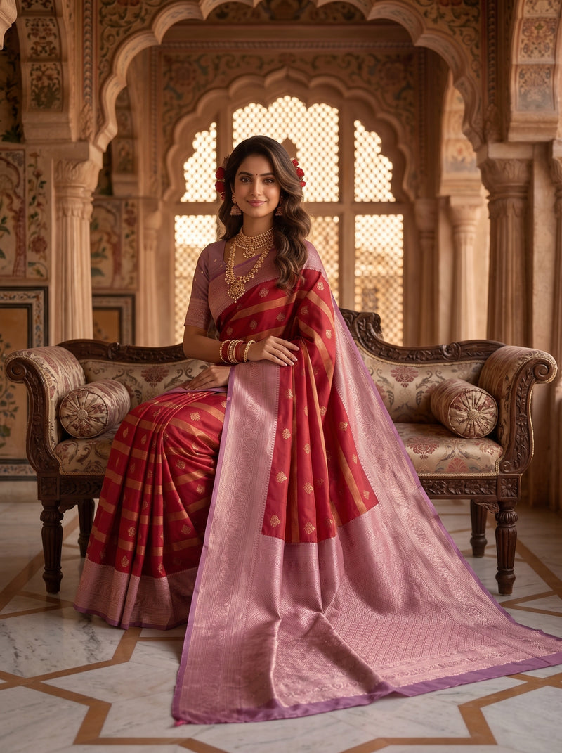 Regal Crimson Red & Dusty Lavender Striped Banarasi Silk Saree