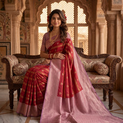 Regal Crimson Red & Dusty Lavender Striped Banarasi Silk Saree