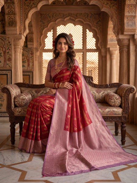 Regal Crimson Red & Dusty Lavender Striped Banarasi Silk Saree